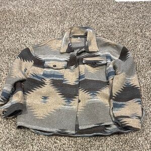 Gray and Black Zip-Up Fleece Jacket with Geometric Pattern